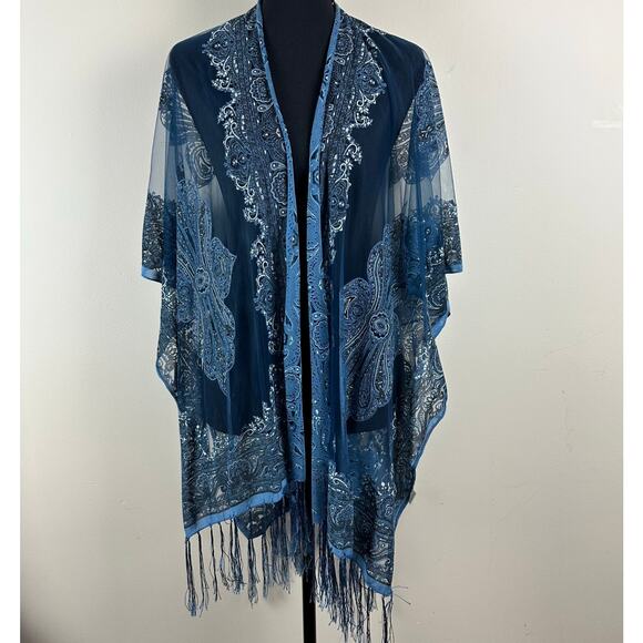 Pretty Persuasions Blue Paisley Sheer Kimono Fringe Boho Duster Fairy Coachella - Picture 3 of 11